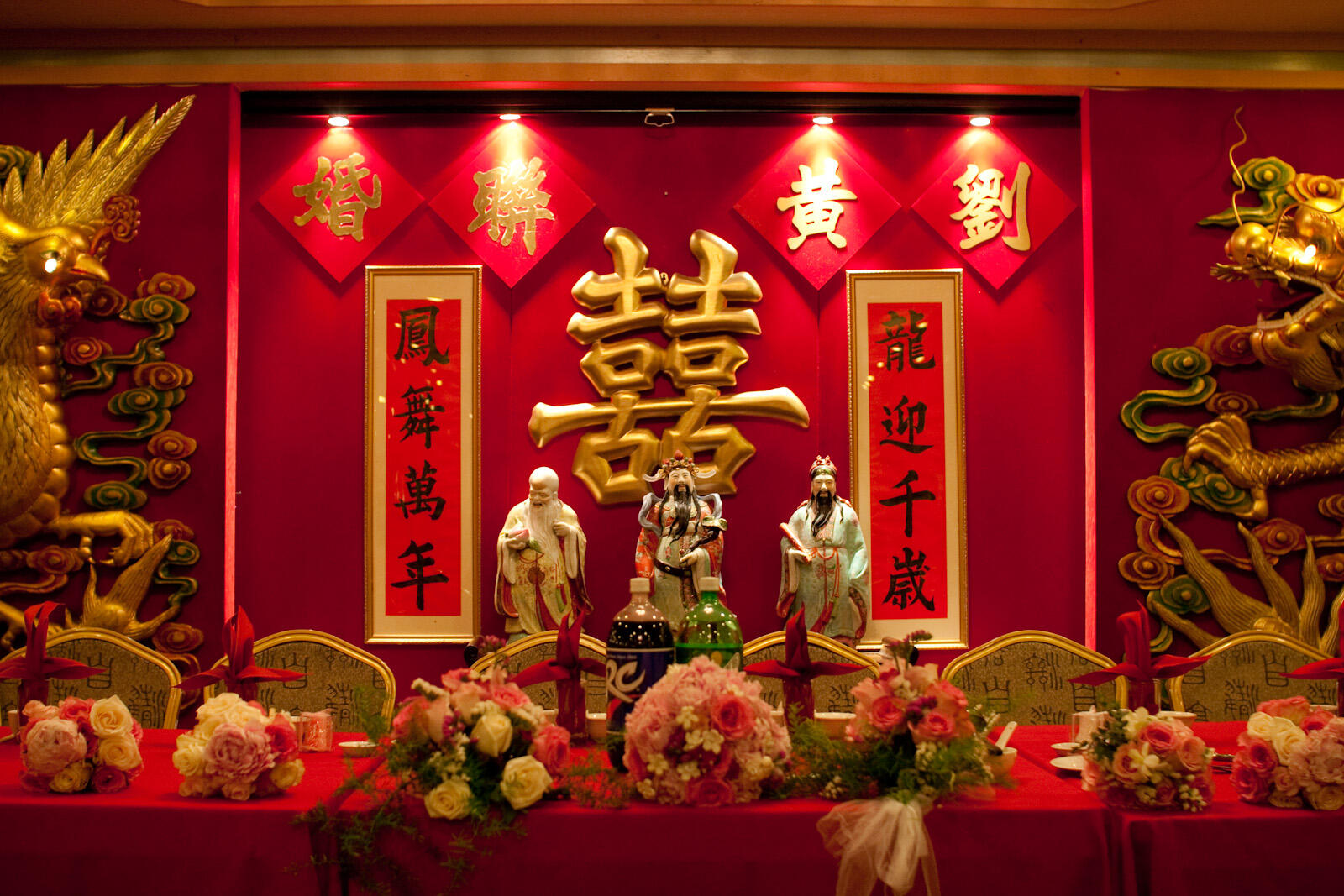 An elaborate Chinese wedding banquet hall featuring double happiness. 