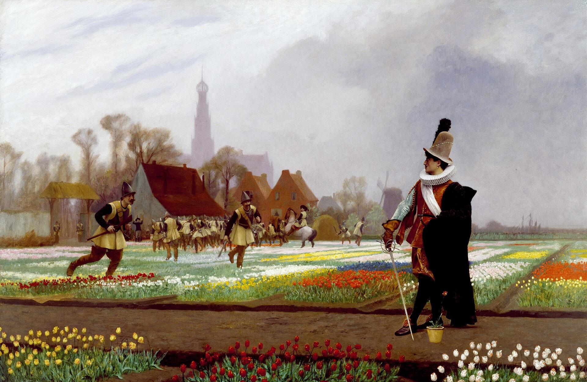 An aristocratic man surveys other men scrambling through a field of flowers. 