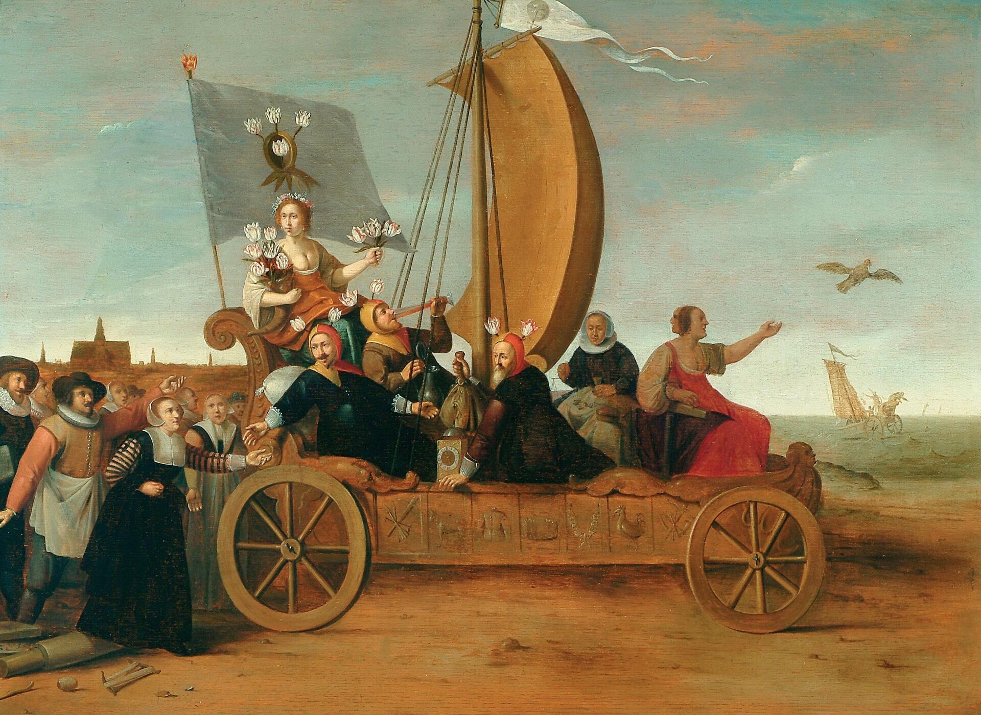 People aboard a wagon adorned with white tulips.
