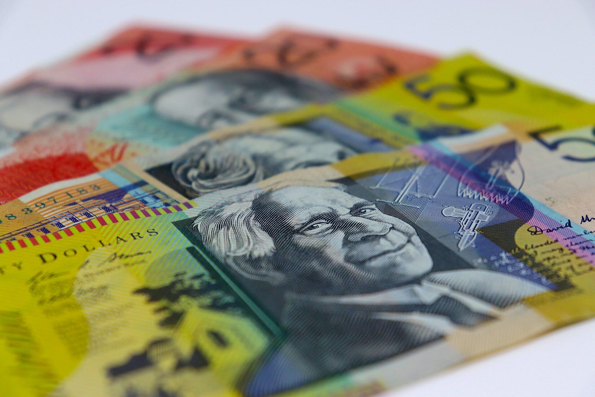 Close-up of Australian fifty dollar banknotes.