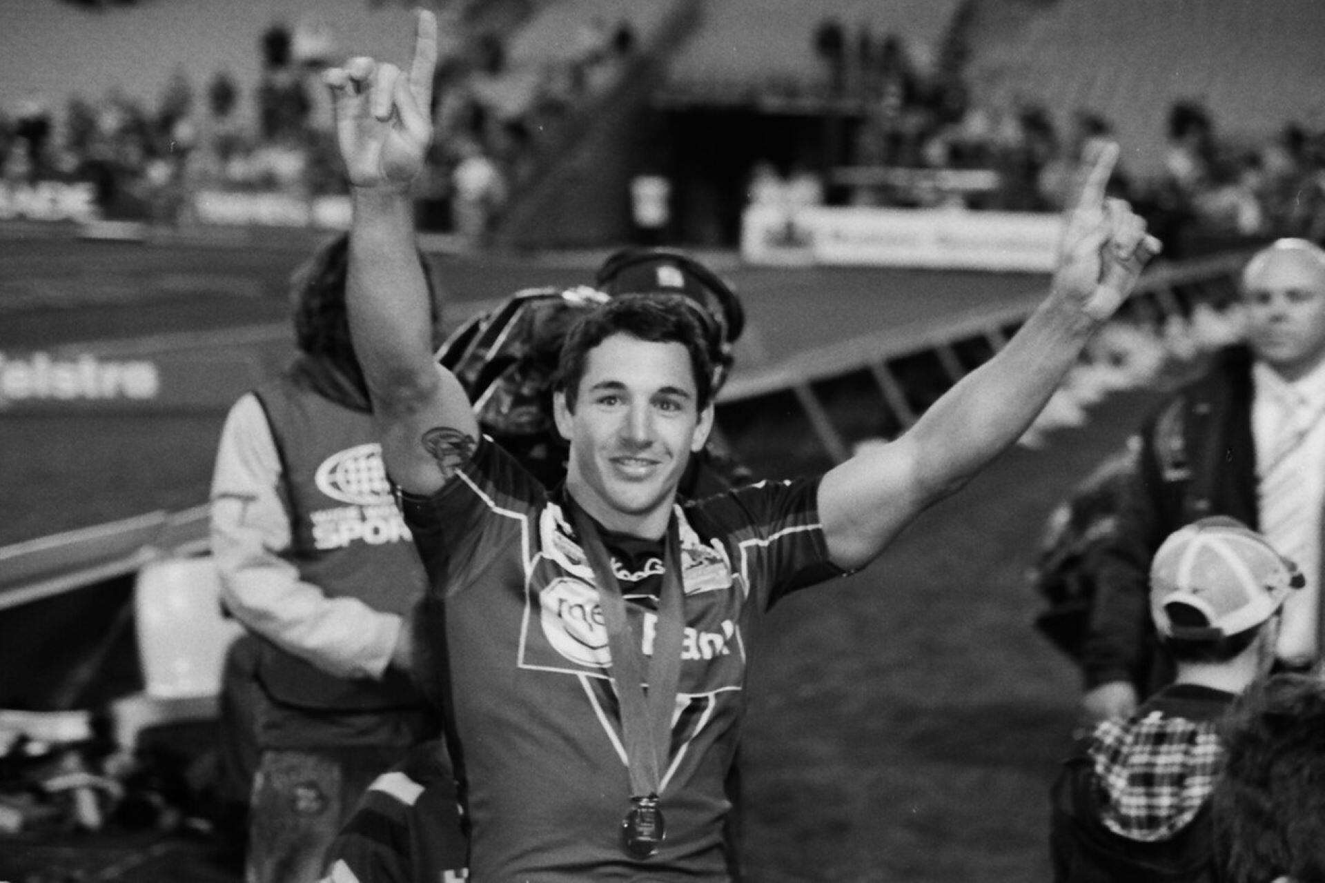 Billy Slater celebrating after winning an NRL Grand Final medal