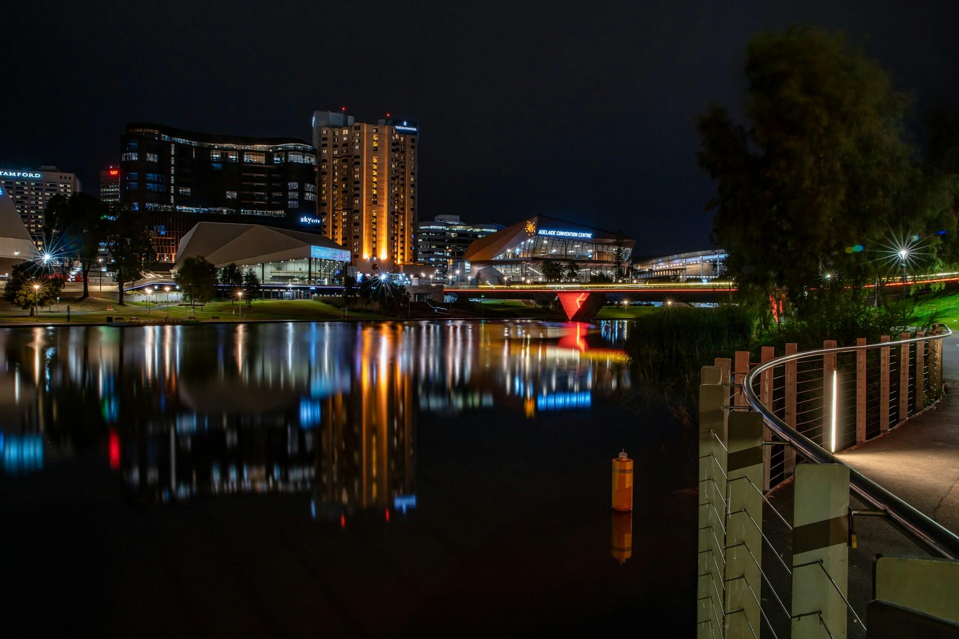 Adelaide skyline at night reflected in the River Torrens near Adelaide Convention Centre