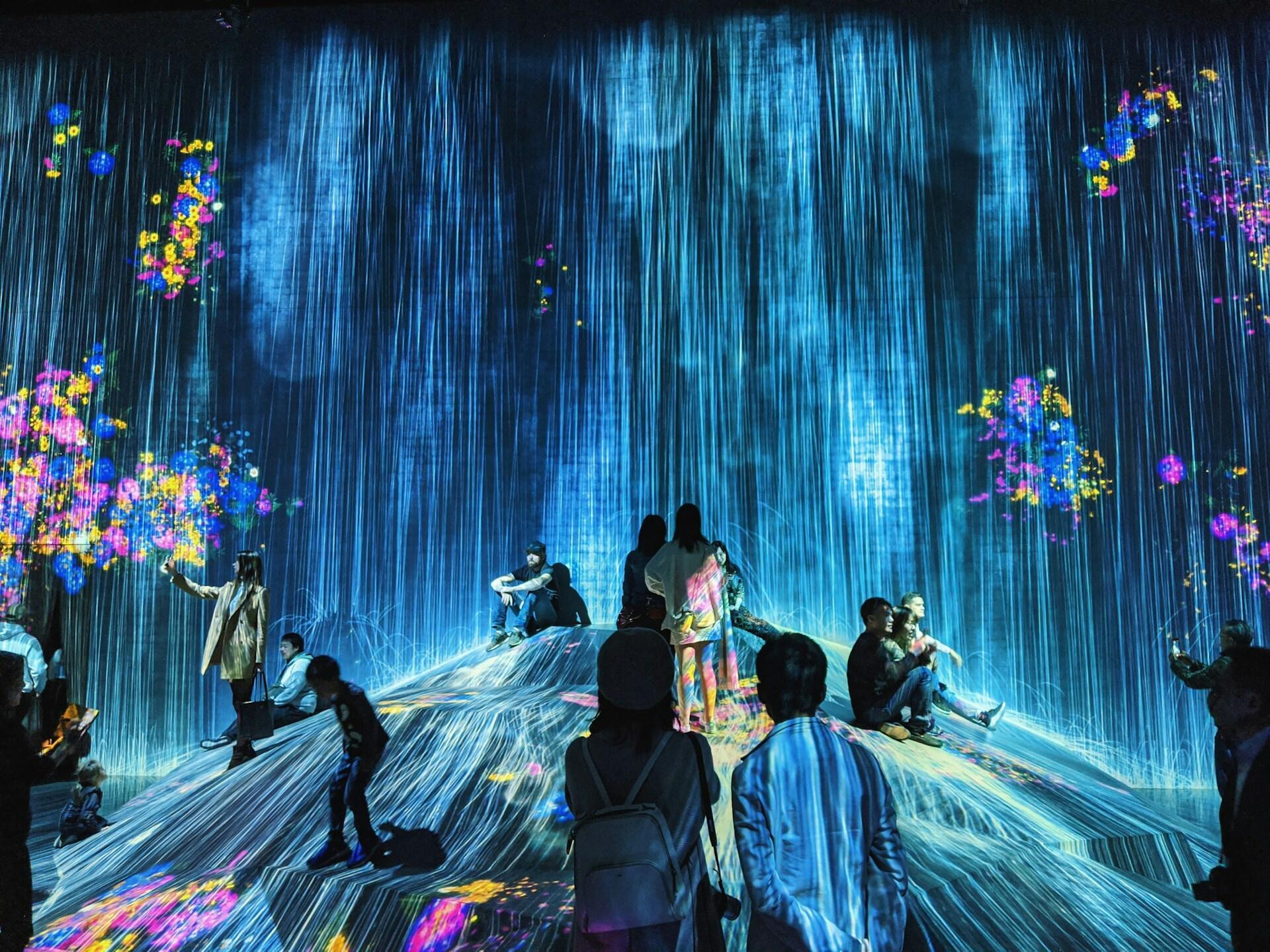 museum-goers enjoying an interactive art projection