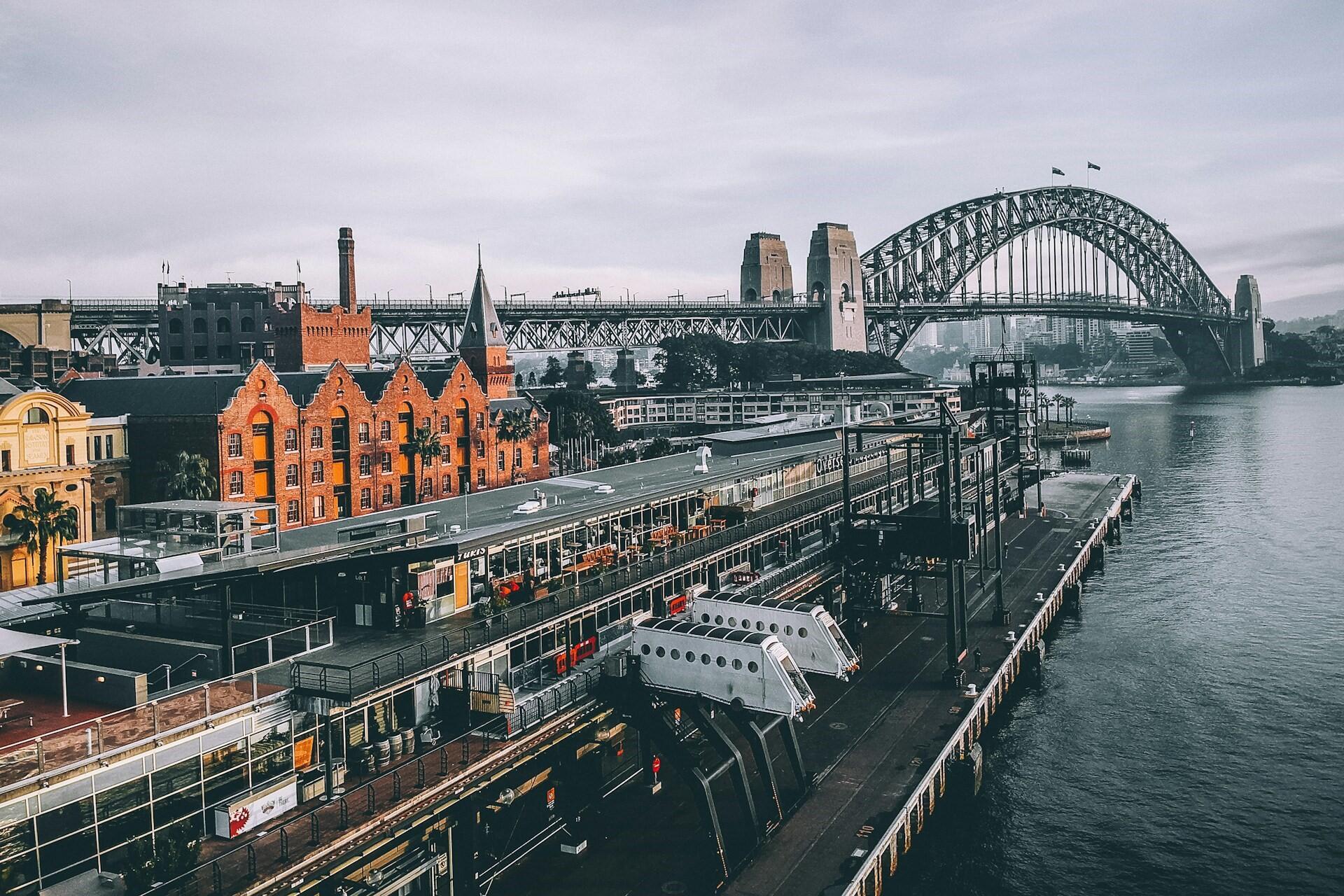 Sydney Harbour Bridge and Darling Harbour waterfront skyline in Sydney, Australia