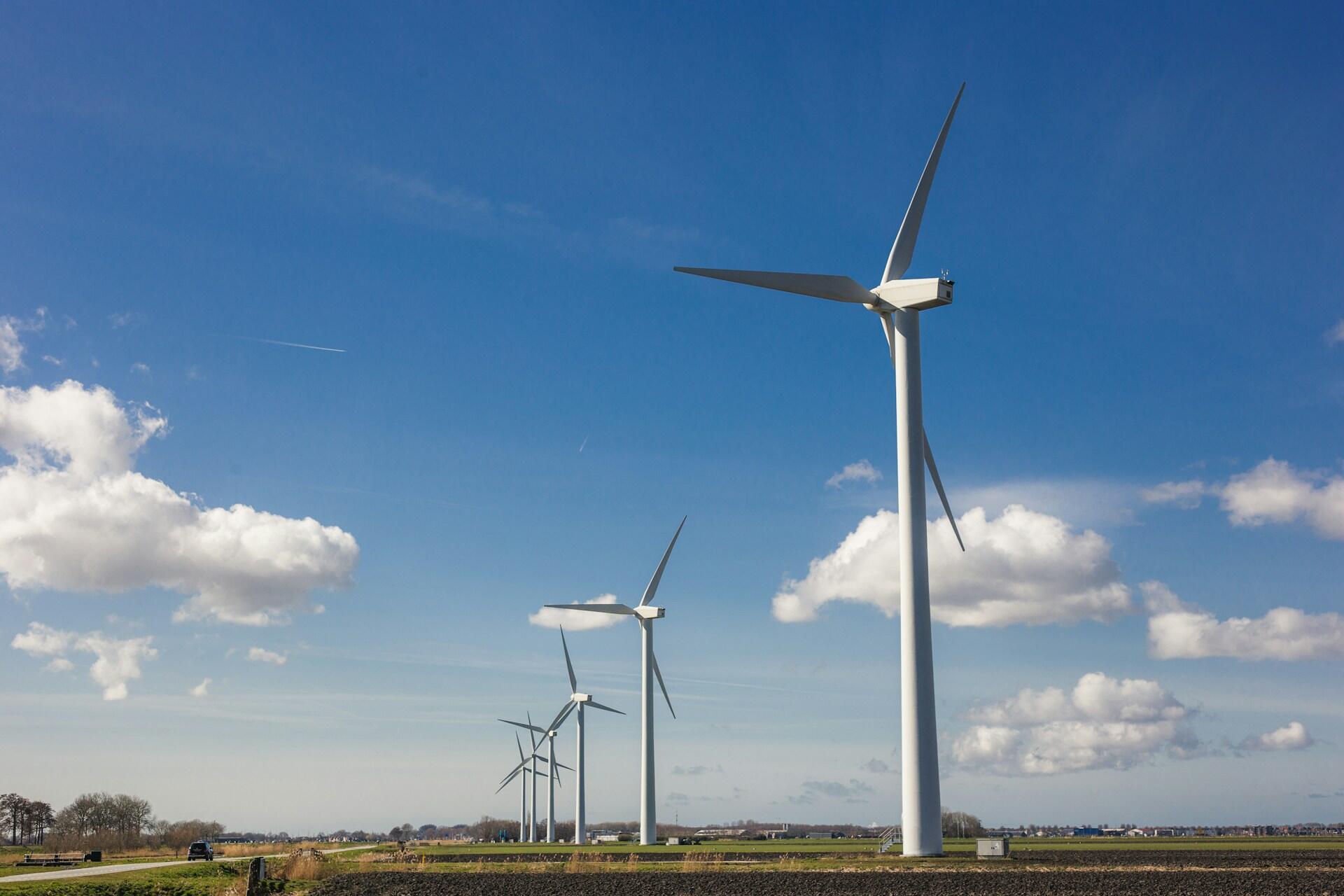 Row of large white wind turbines in a green field under a bright blue sky.