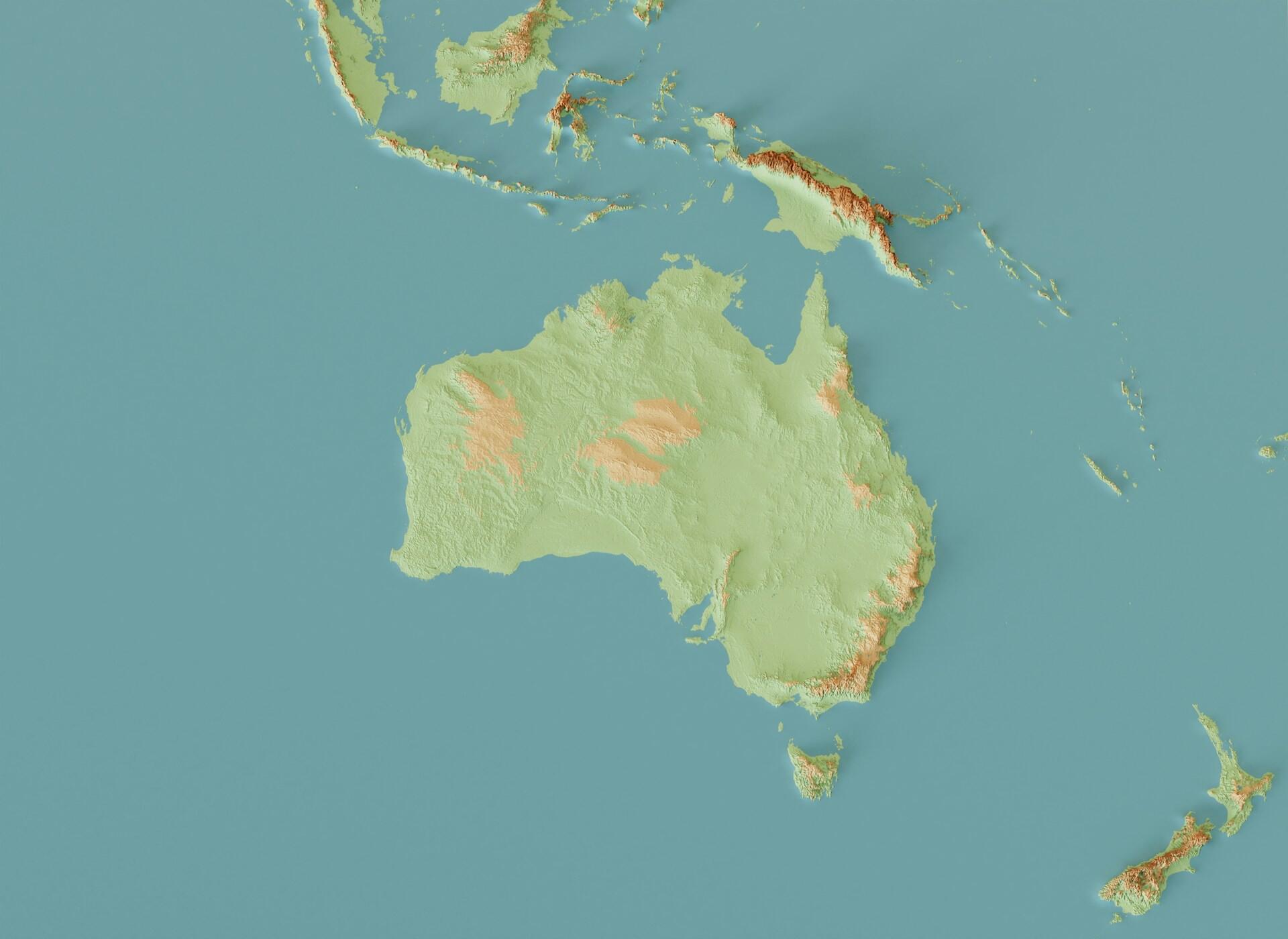 Topographic map showing Australia, Tasmania, New Zealand, and surrounding islands.