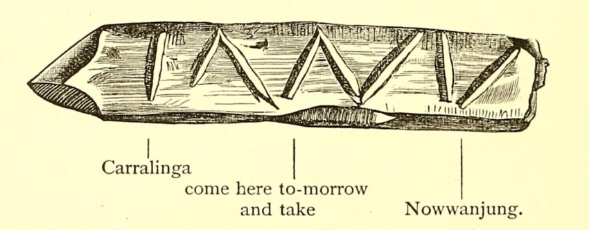 drawing from a historic book by Alfred William Howitt (1889) depicting a message stick, which has a few straight lines carved to indicate a message