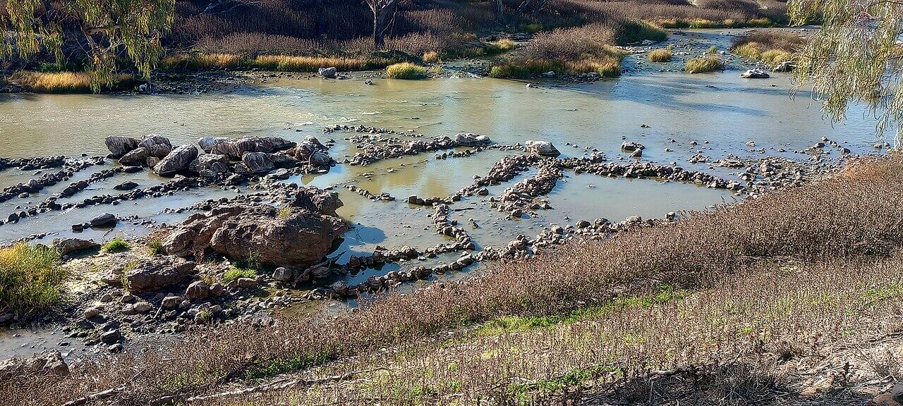 stones laid out in a shallow river and making pools for trapping fish