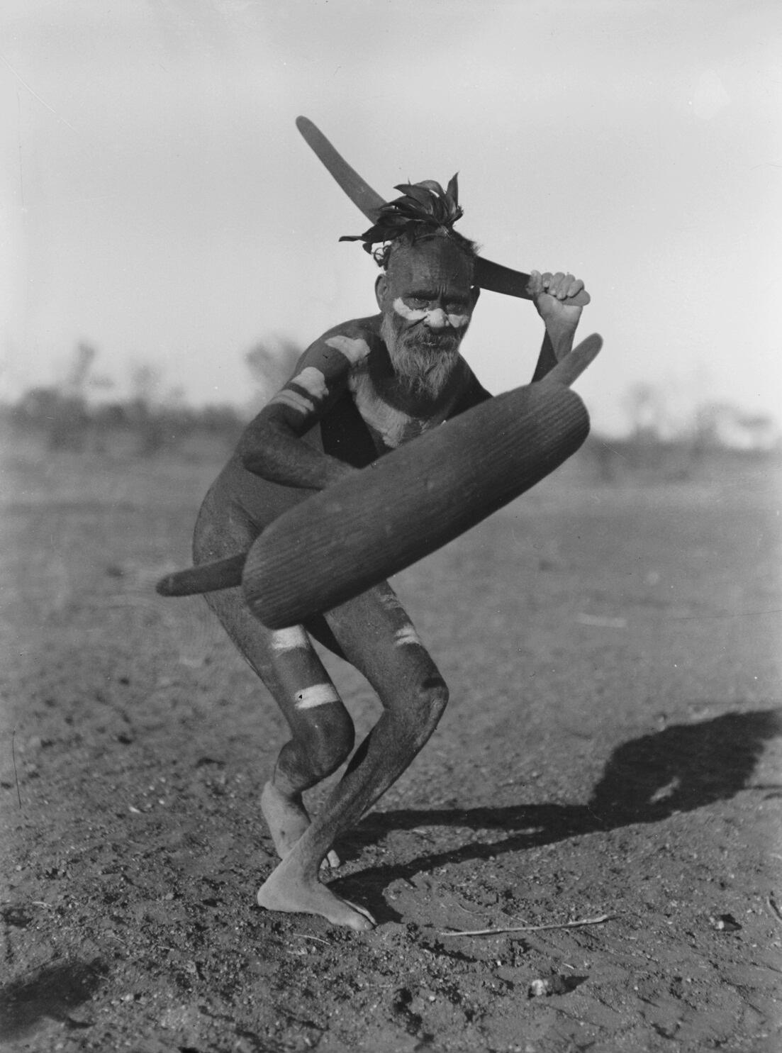 back and white photo of An indigenous man with headdress and body paint is posing with a boomerang in his hand raised behind his head, with a shield and two additional boomerangs held in front of him
