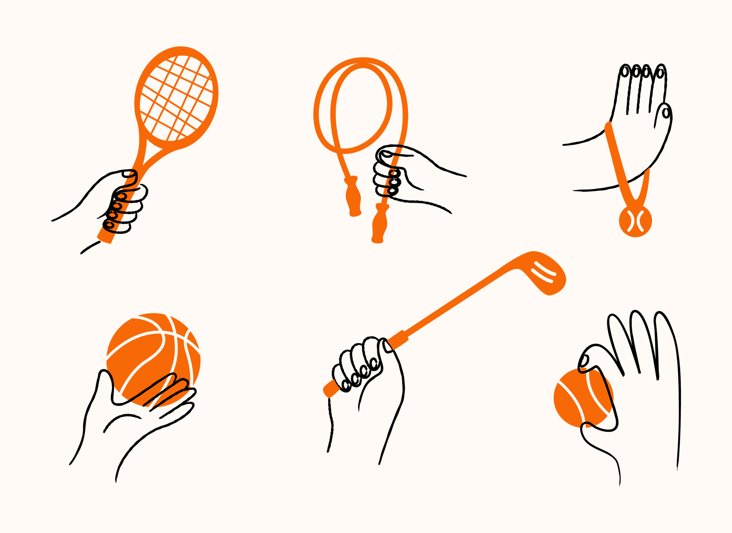 Illustration of hands holding sports equipment: tennis racket, jump rope, medal, basketball, golf club, and baseball.