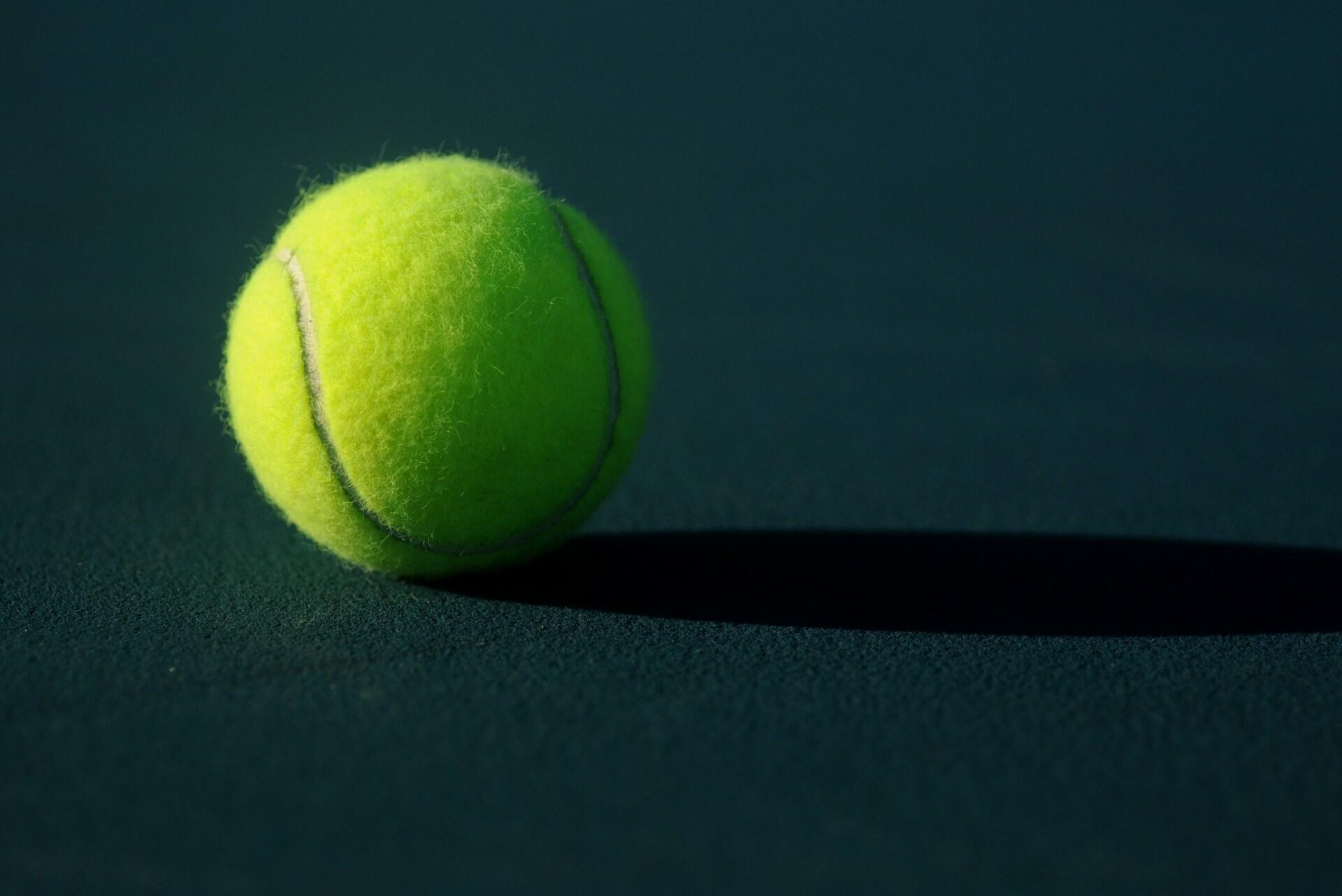 Tennis ball resting on a dark green court