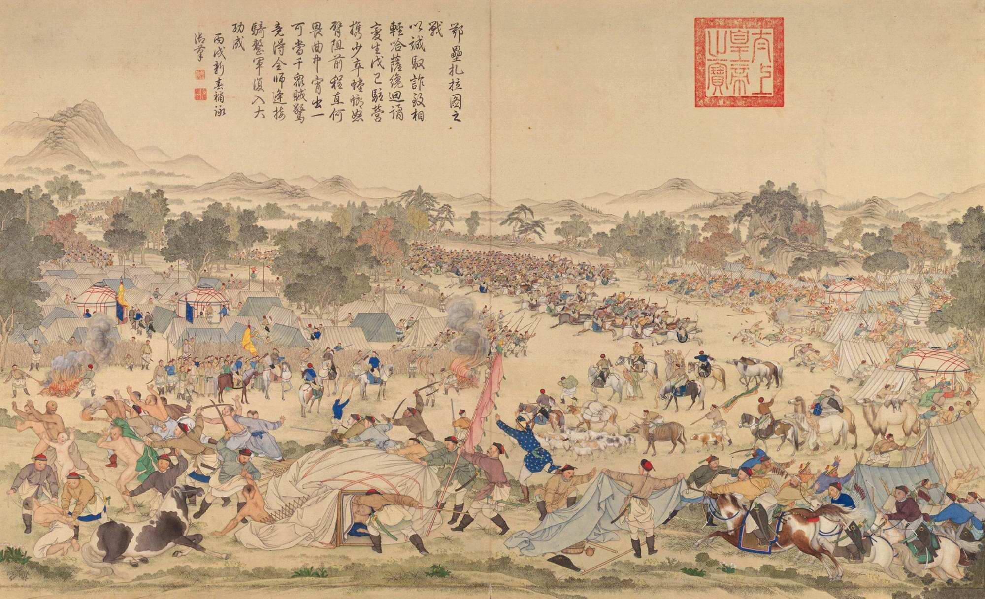 A detailed painting of a Chinese battle, showcasing intense action with warriors and horses in the midst of conflict.