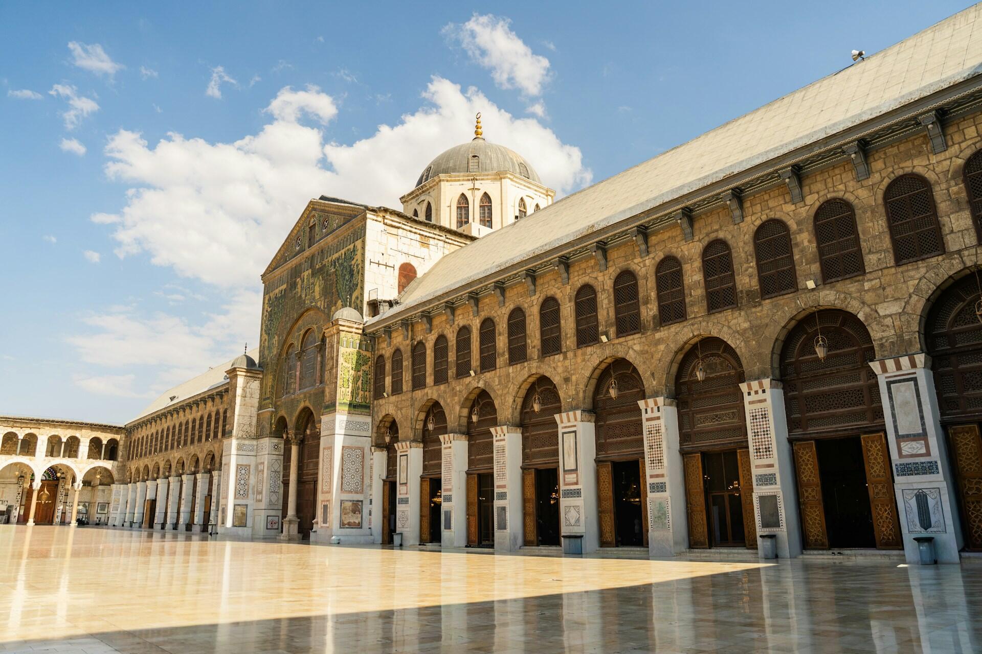 Ornate courtyard of the Umayyad Mosque in Damascus.