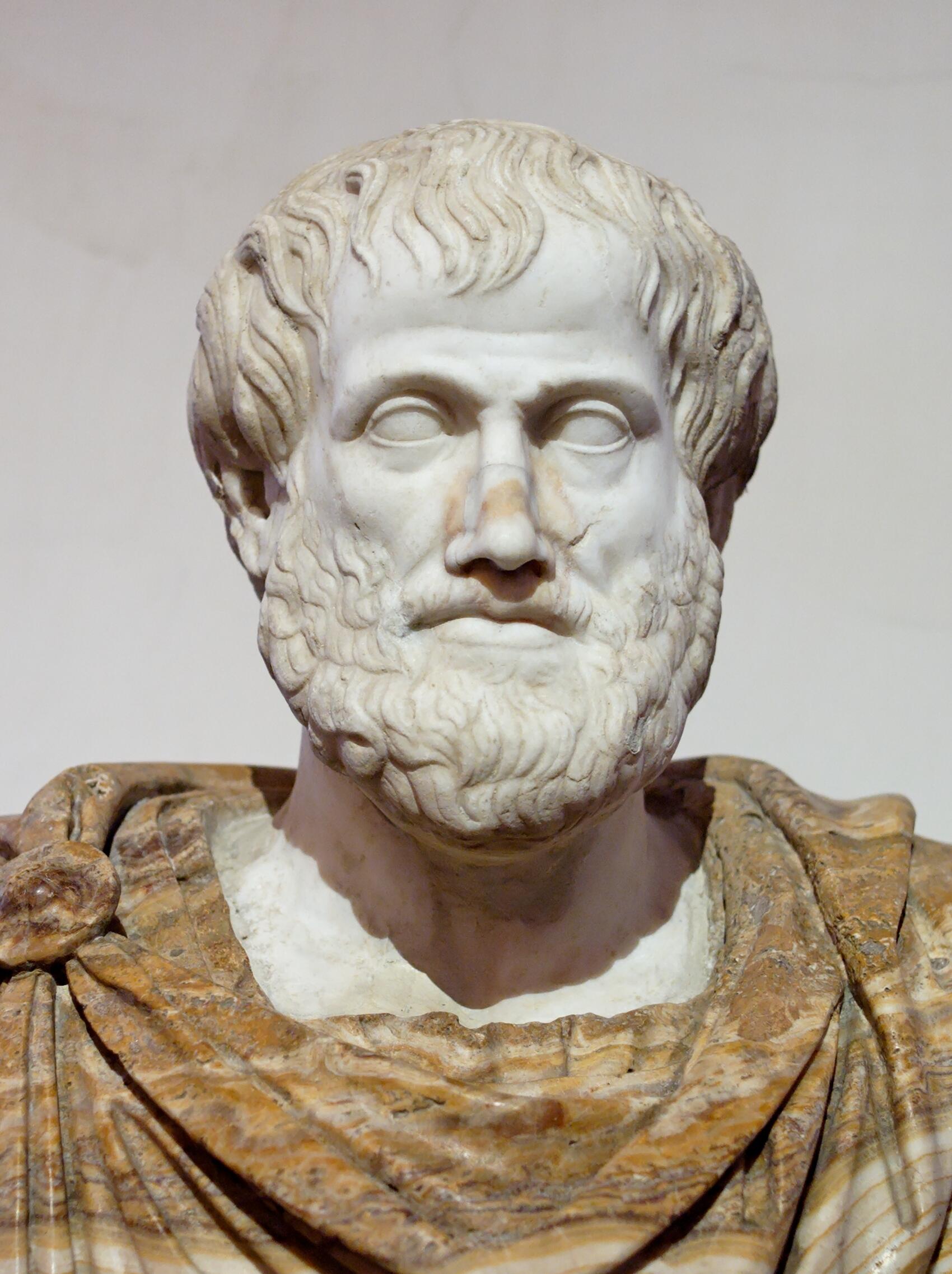 Fotografija antičke mramorne biste Aristotela, koja prikazuje njegov portret s bradom i u klasičnoj togi. Ova Rimska kopija grčkog originala simbolizuje utjecaj Aristotela na formalizaciju matematičke logike i dokaza.