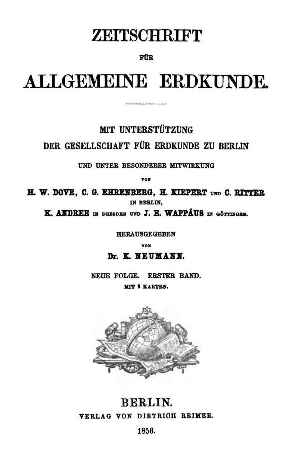 Naslovna stranica časopisa Zeitschrift für Allgemeine Erdkunde iz 1856. godine koji je povezan sa radom Carla Rittera.