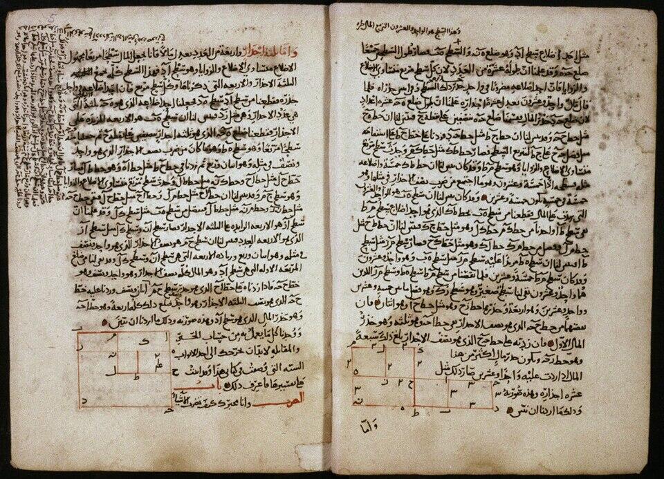 Historijska stranica iz rukopisa Al-Jabr autora Muhameda ibn Muse al-Hvarizmija, prikazuje rani arapski tekst sa geometrijskim rješenjima za kvadratne jednačine.
