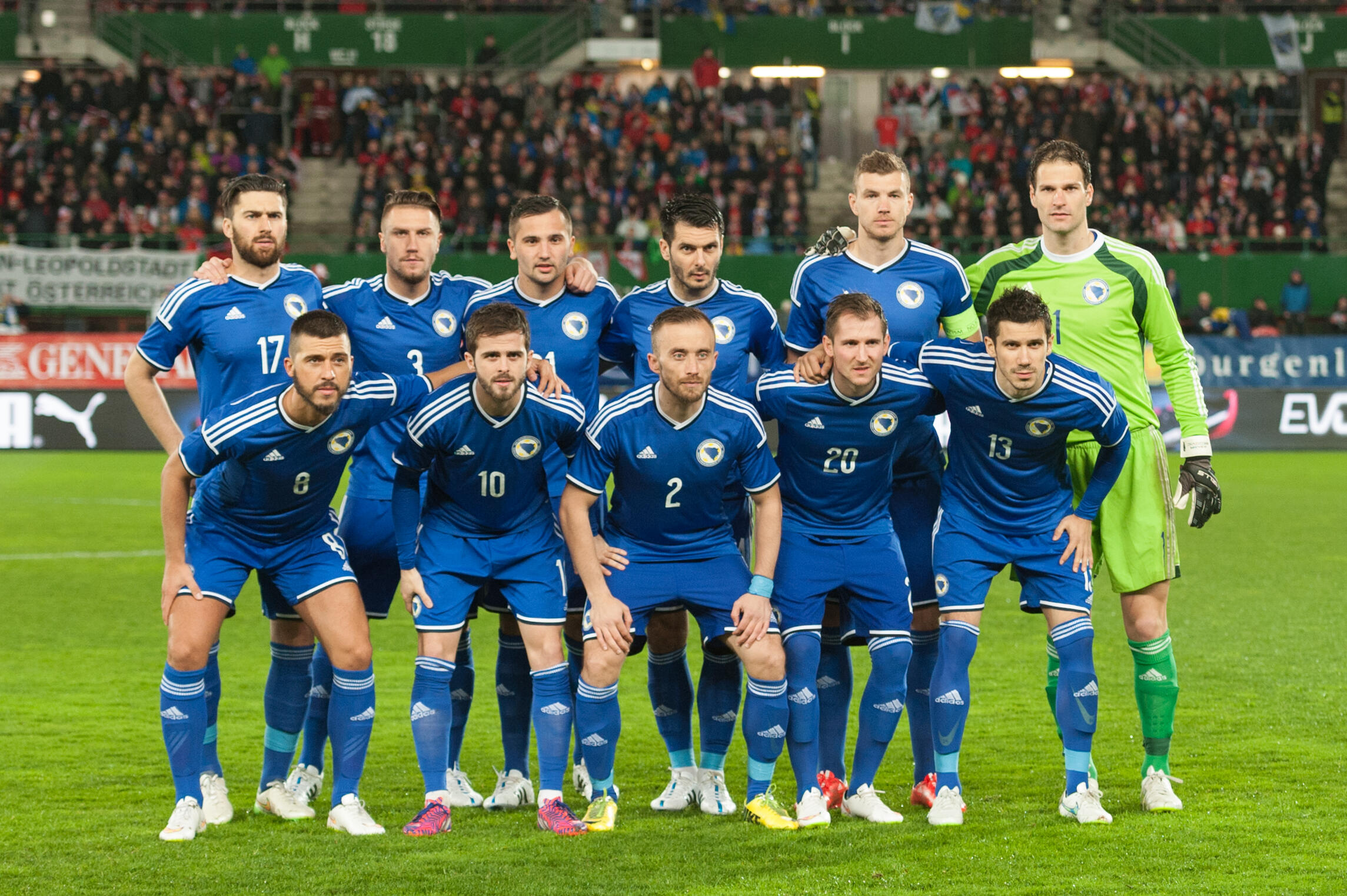 Zvanični početni sastav reprezentacije BiH 2015. godine na terenu u plavim dresovima prije početka međunarodne utakmice, ilustruje internacionalni uspjeh reprezentacije BiH.