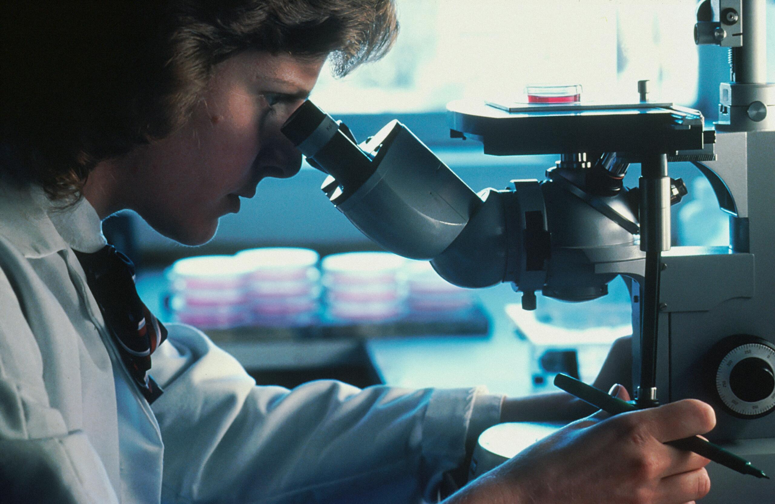 Šta znaš o genetici – naučnica u bijelom mantilu gleda kroz mikroskop u laboratoriji dok hvata bilješke tokom biološkog istraživanja.