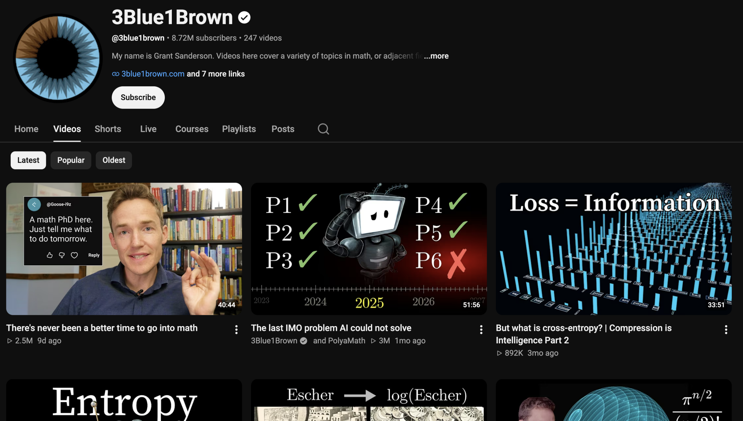 Prikaz najgledanijih video snimaka na kanalu 3Blue1Brown