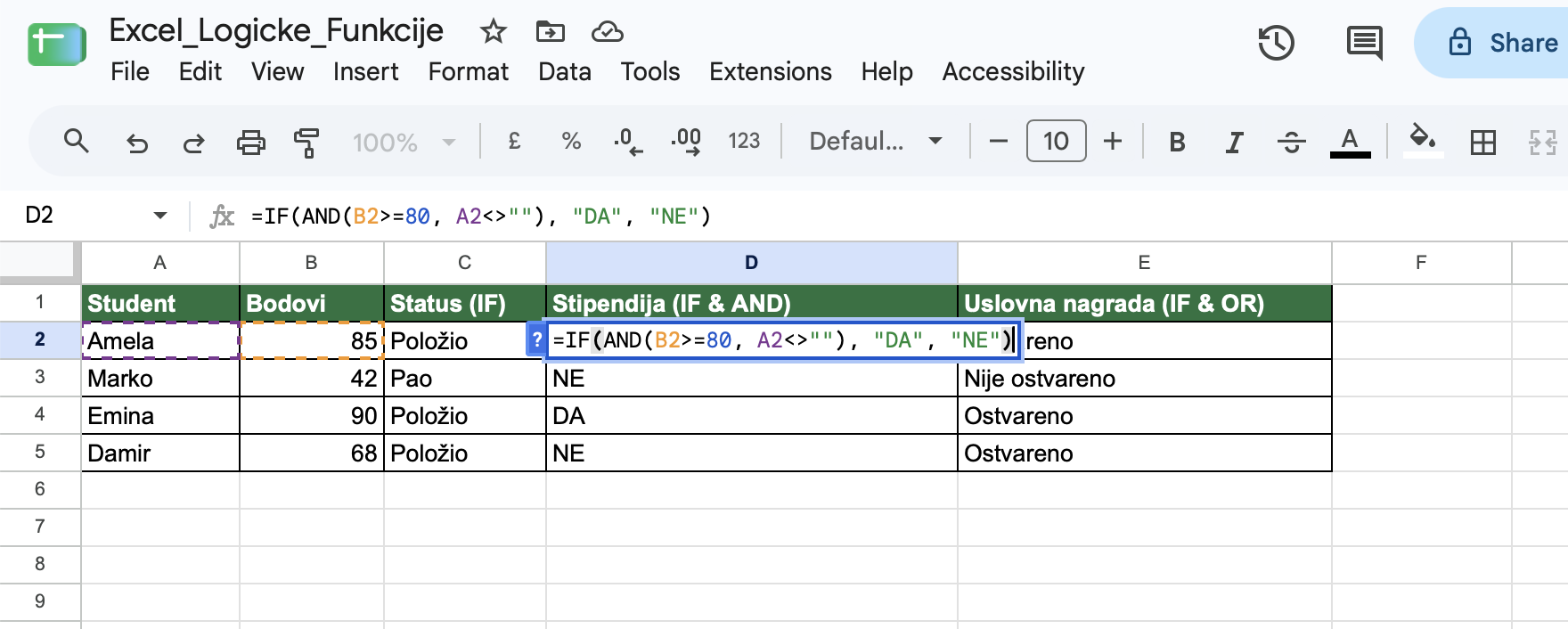Prikaz unosa ugniježđene IF i AND formule u ćeliji D2 u Excel tabeli