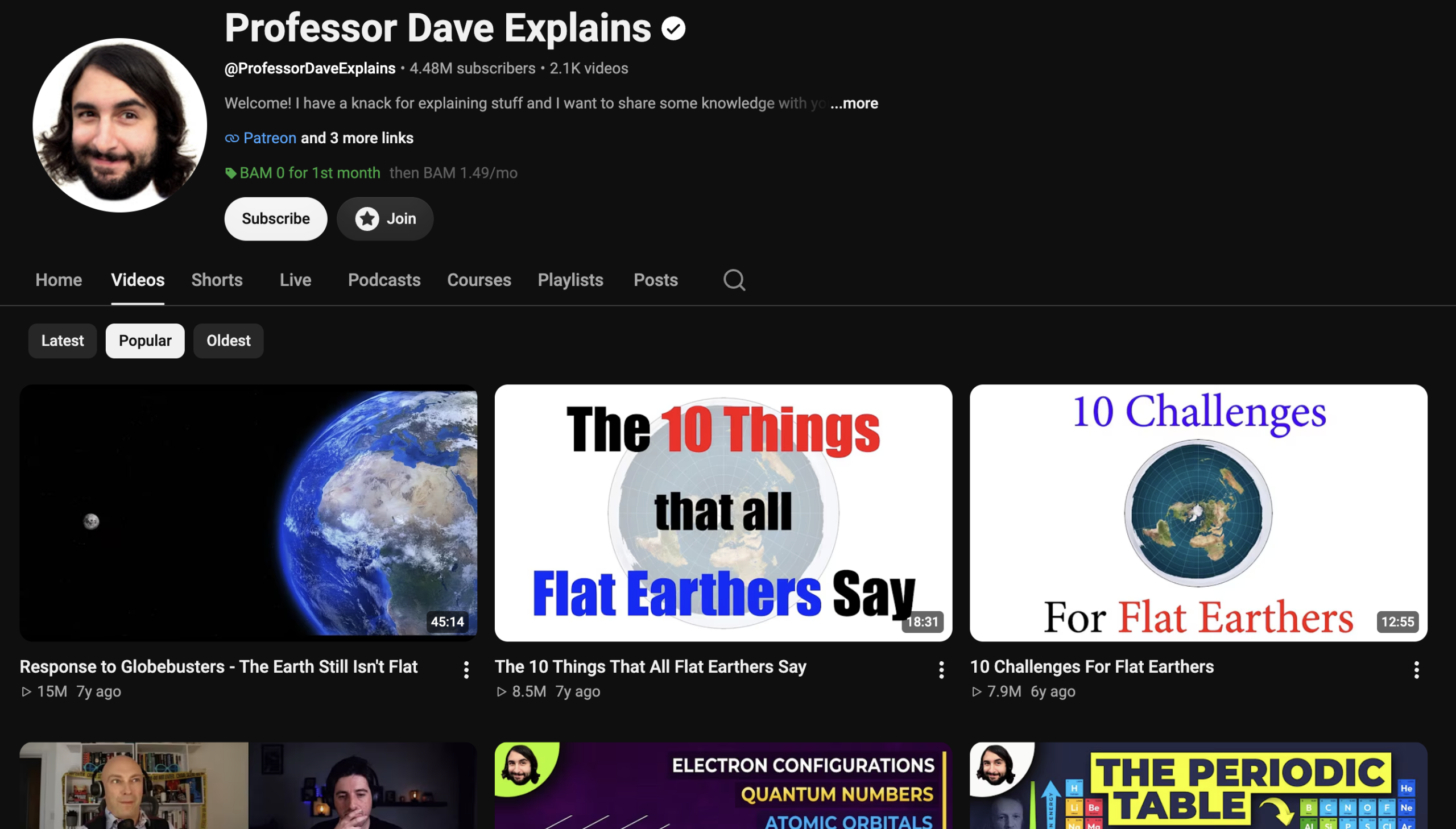 Snimak ekrana kanala Professor Dave Explains sa pregledom popularnih videa o nauci i fizici