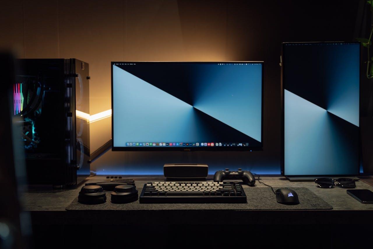 set up de bureau avec plusieurs ecrans