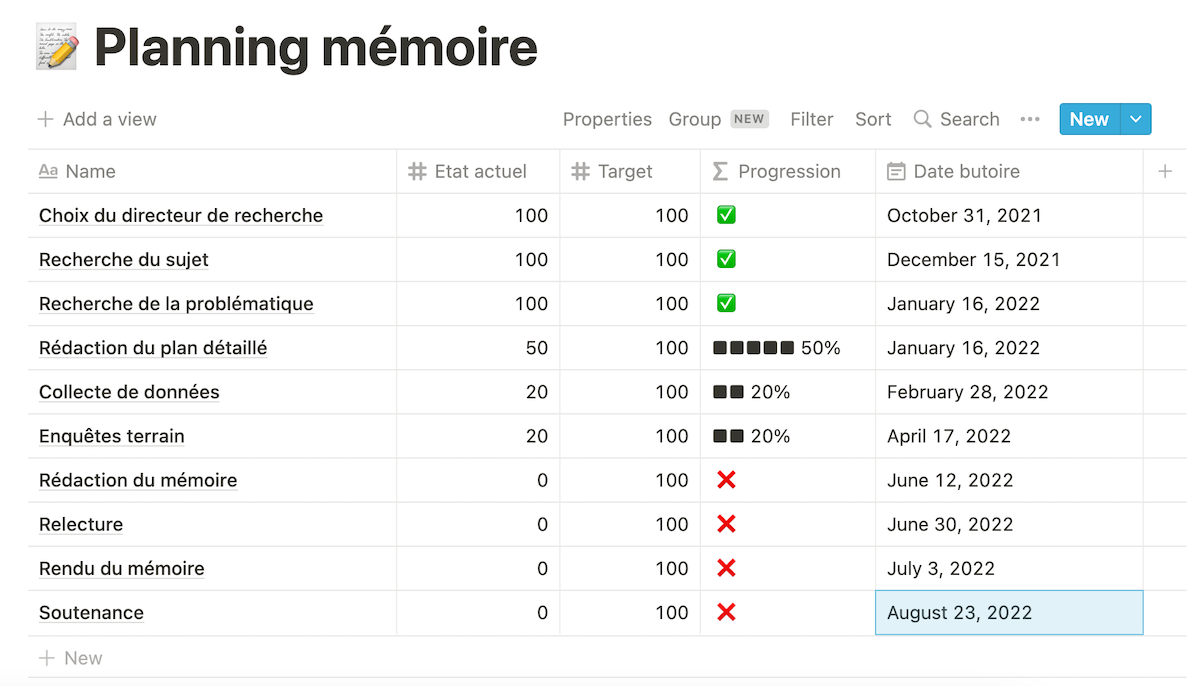 Planning mémoire Notion