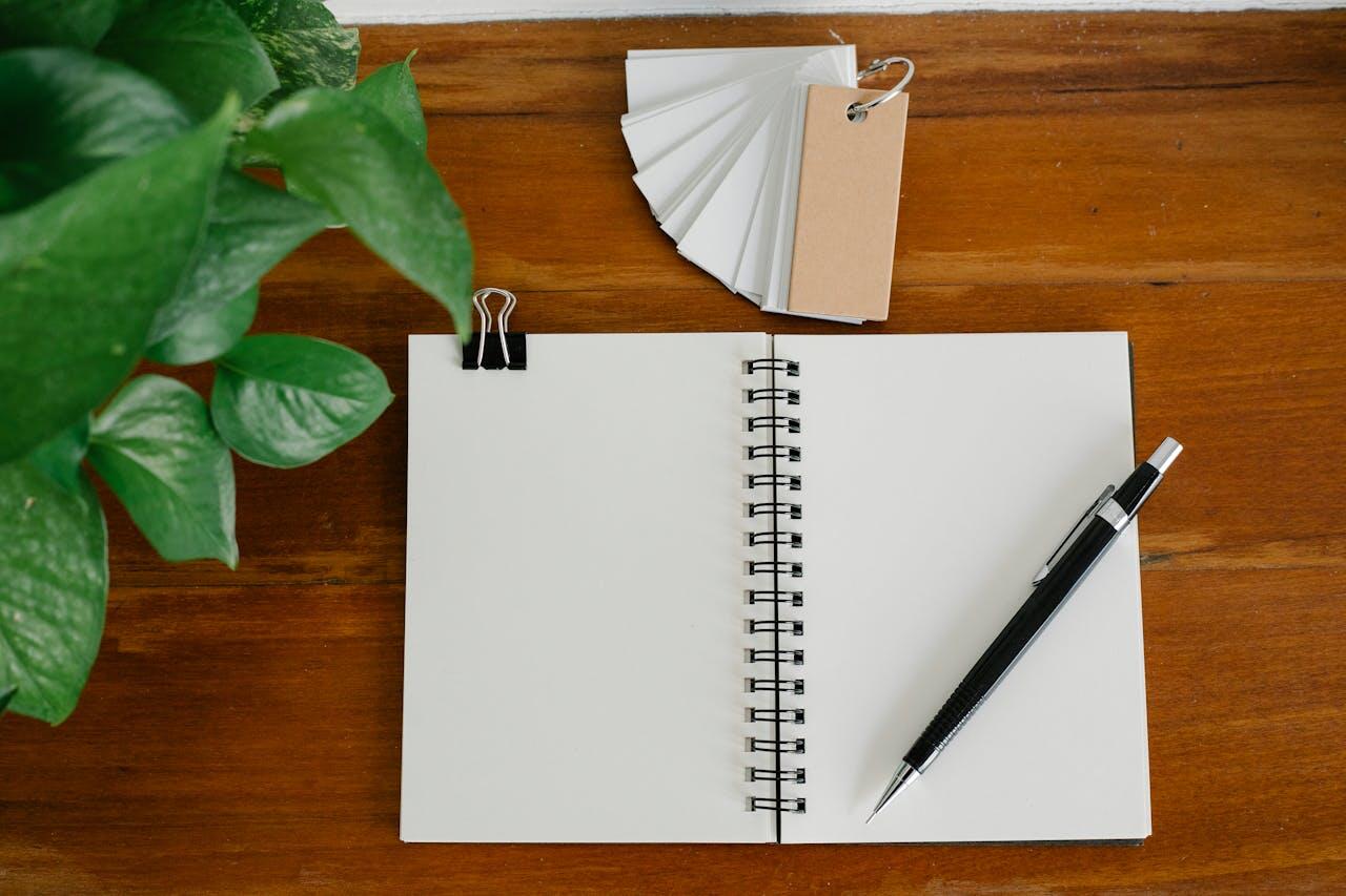carnet ouvert avec stylo et plante sur une table
