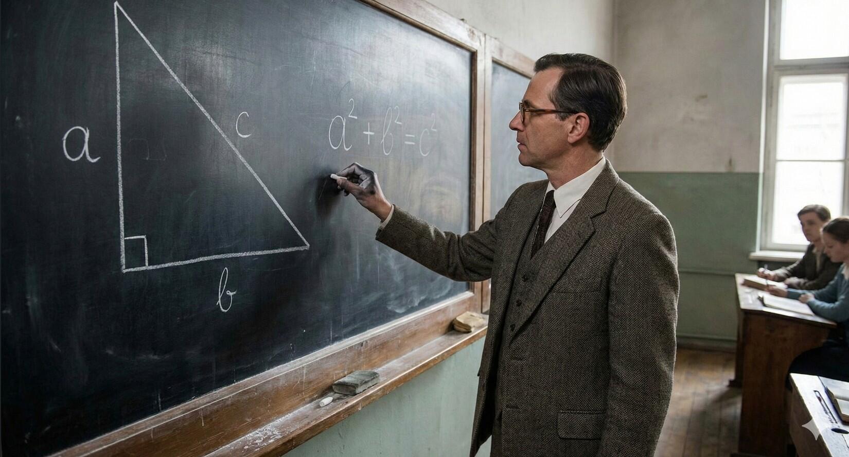 Imagem de um professor escrevendo o Teorema de Pitágoras em um quadro.