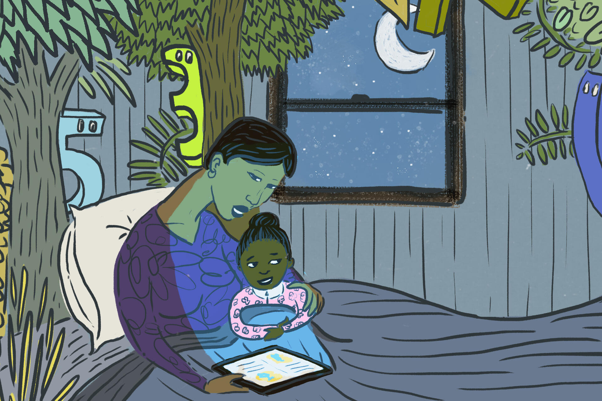 Ilustração de uma mãe segurando um filho, na cama.