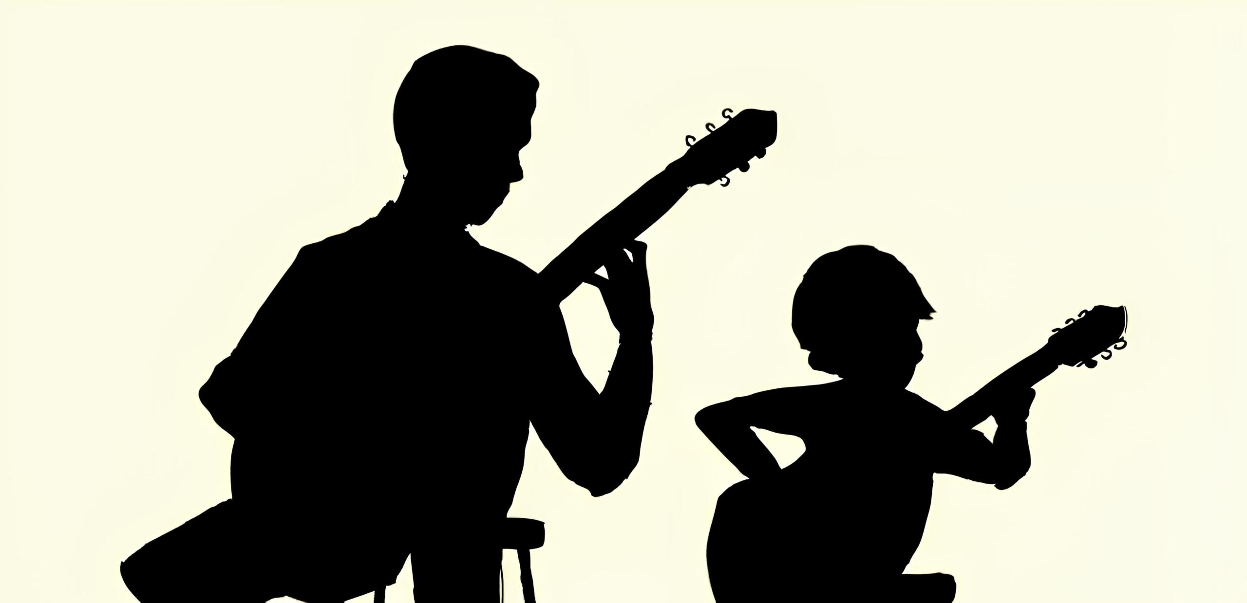 Desenho de um professor de guitarra com um aluno.