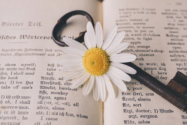 Livro em alemão com flor e chave.