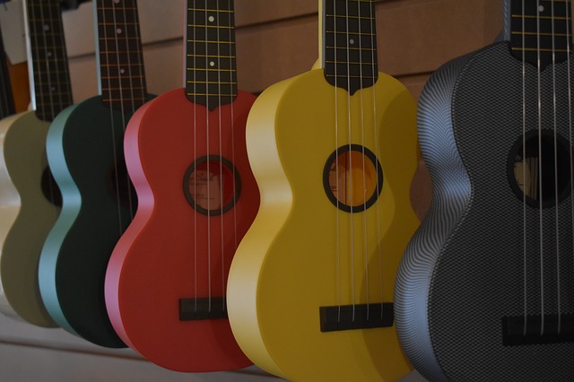 Vários ukeleles de várias cores.