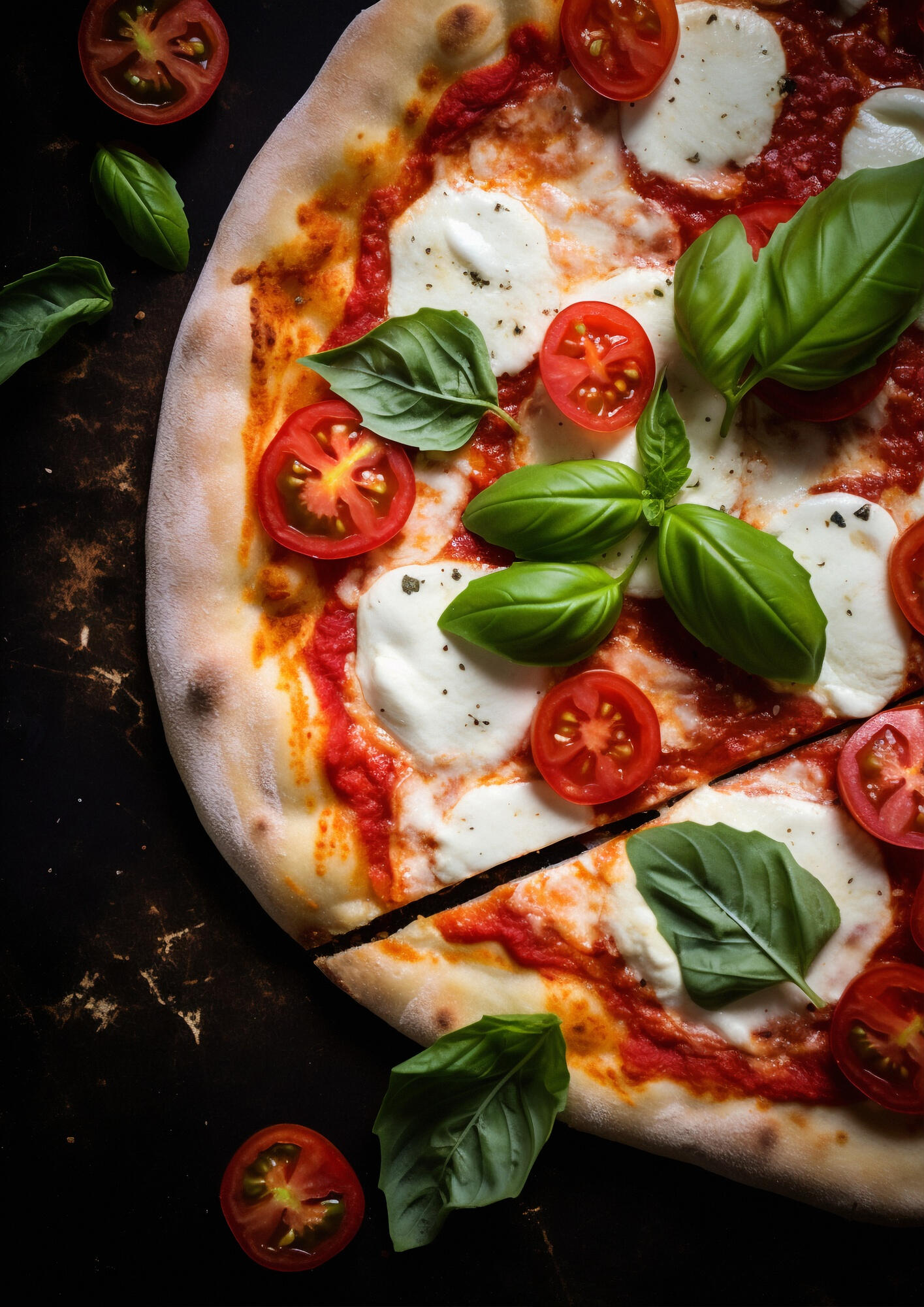 Pizza de marguerita cortada.