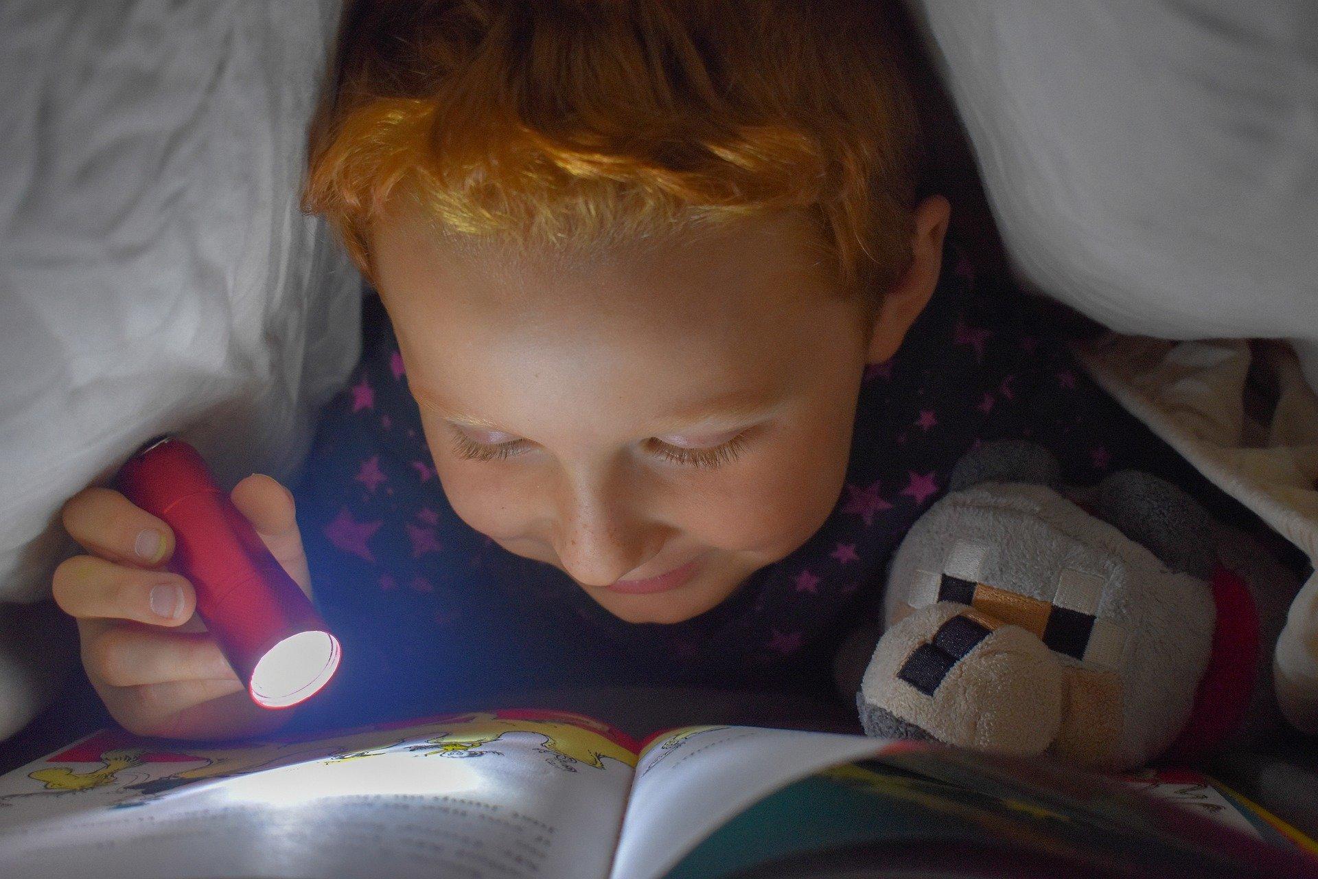 Criança está na cama, lendo um livro infantil com a ajuda de uma lanterna e tendo sobre si uma coberta como se fosse uma barraca.
