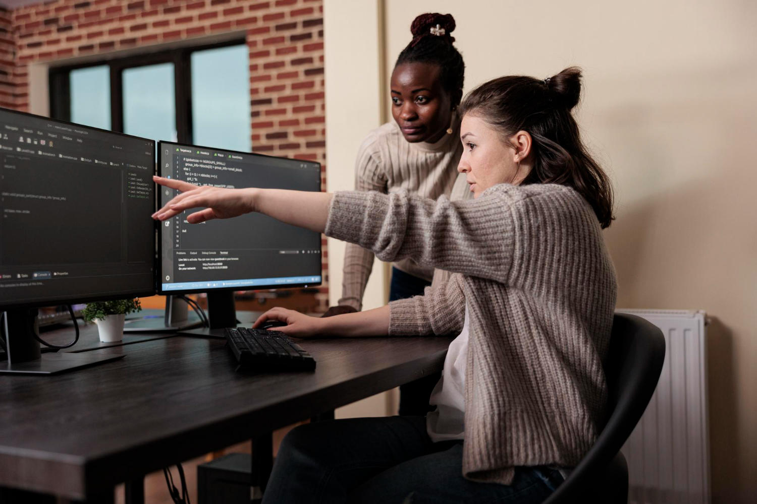 Pessoa apotando para código de programação no computador e outra ensinando.