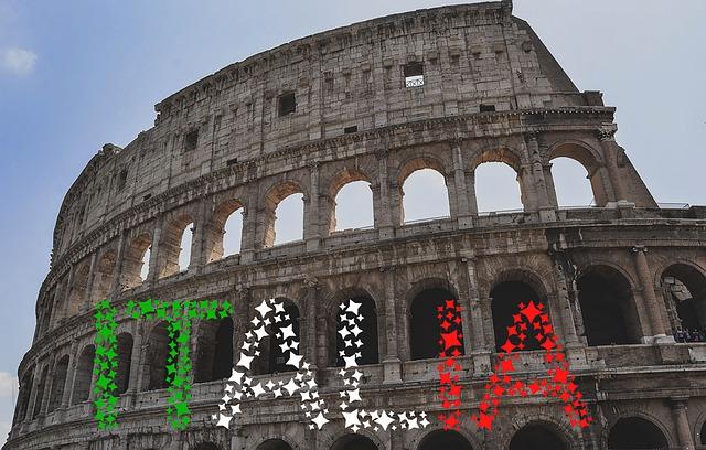 Coliseu em Roma, na Itália, com o nome do país escrito com as cores da bandeira do país.