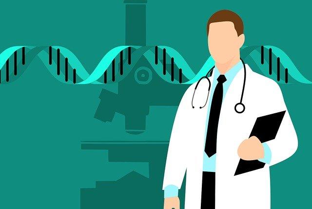 Médico, dna e microscópio desenhados.