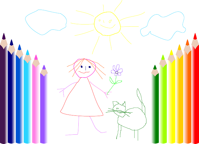 Desenho de criança com lápis de cor.