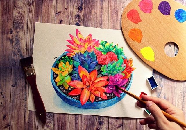 Pintura com cores vivas de flores.