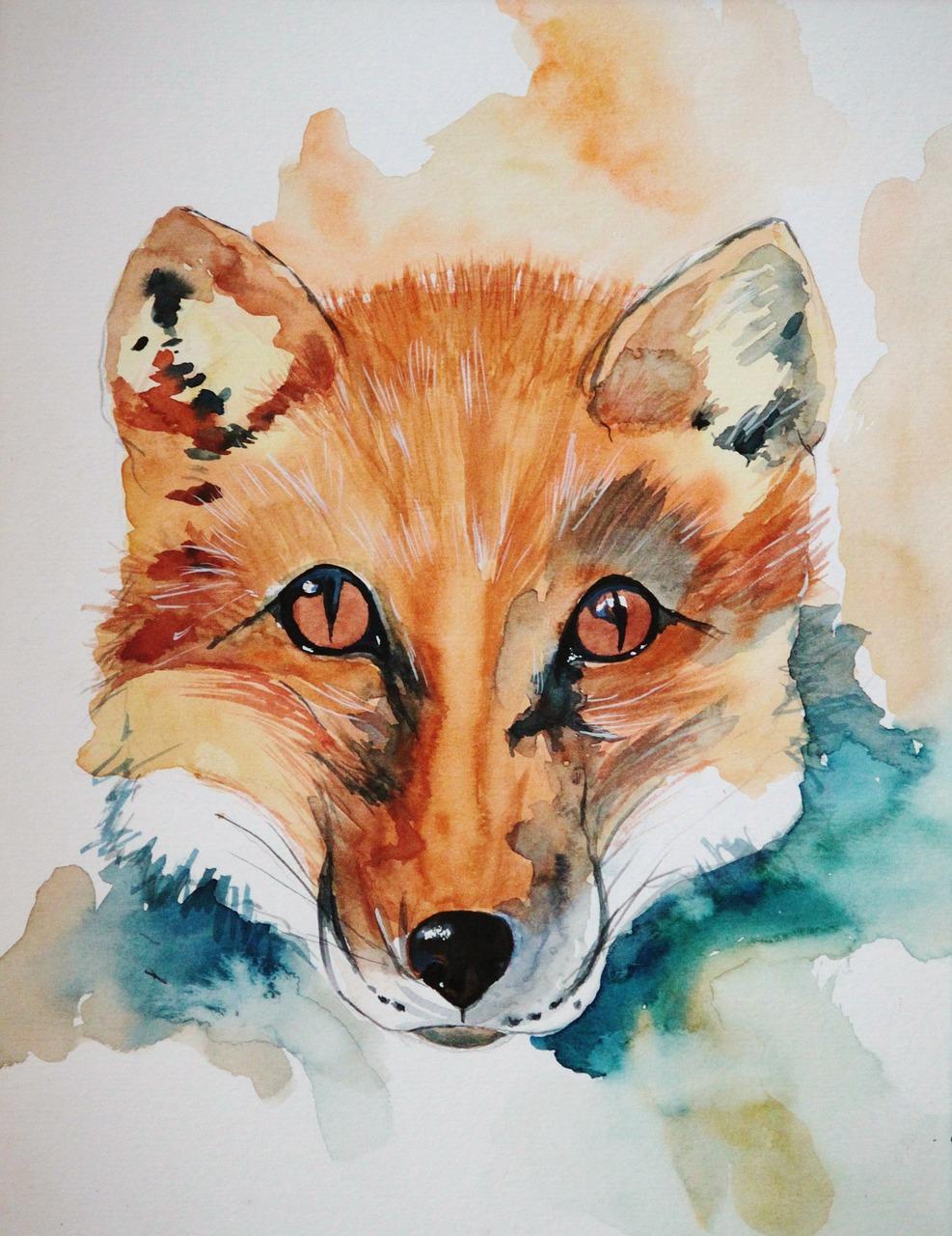 Uma pintura aquarela de uma raposa