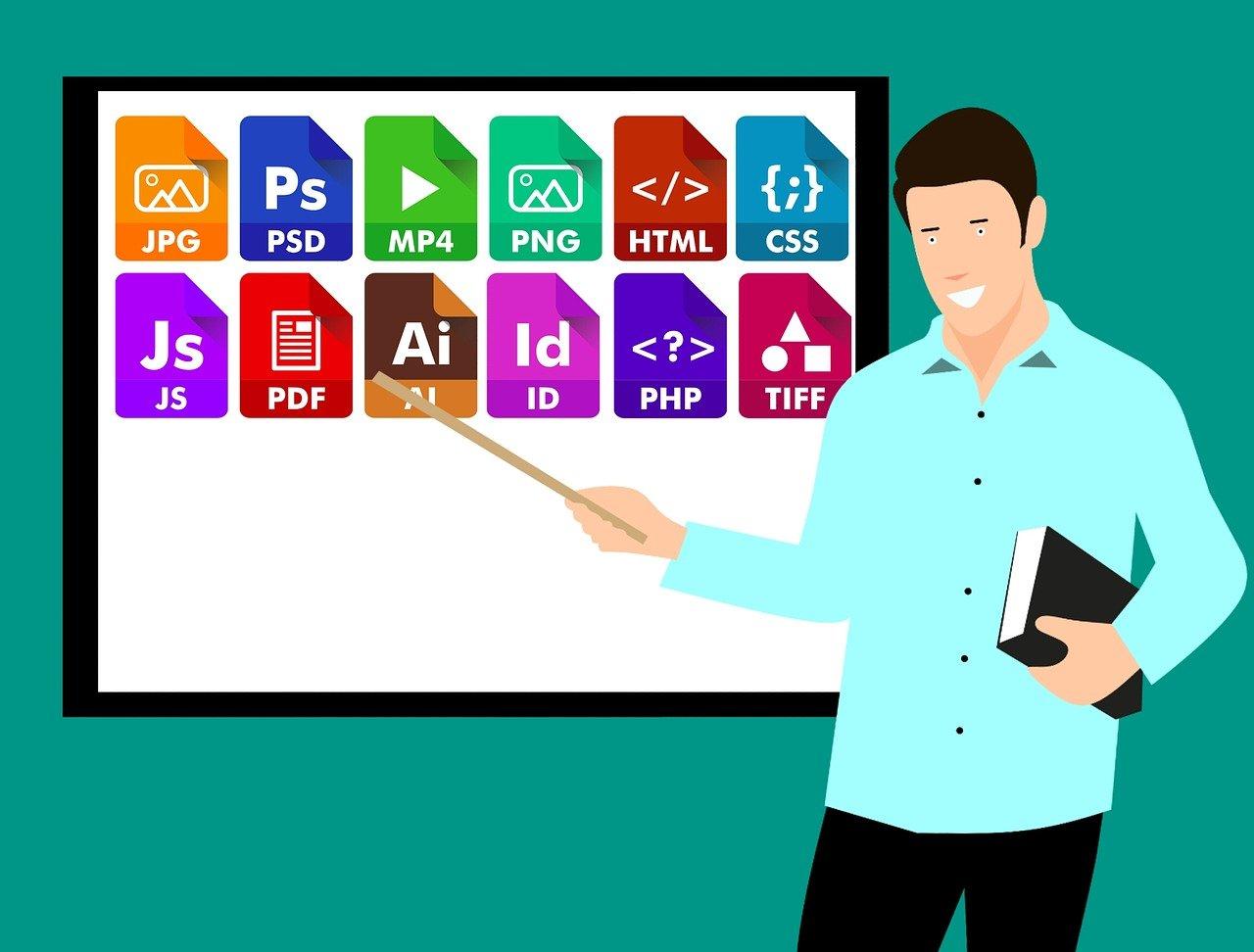 Ilustração de um professor mostrando na lousa siglas de várias linguagens de programação.