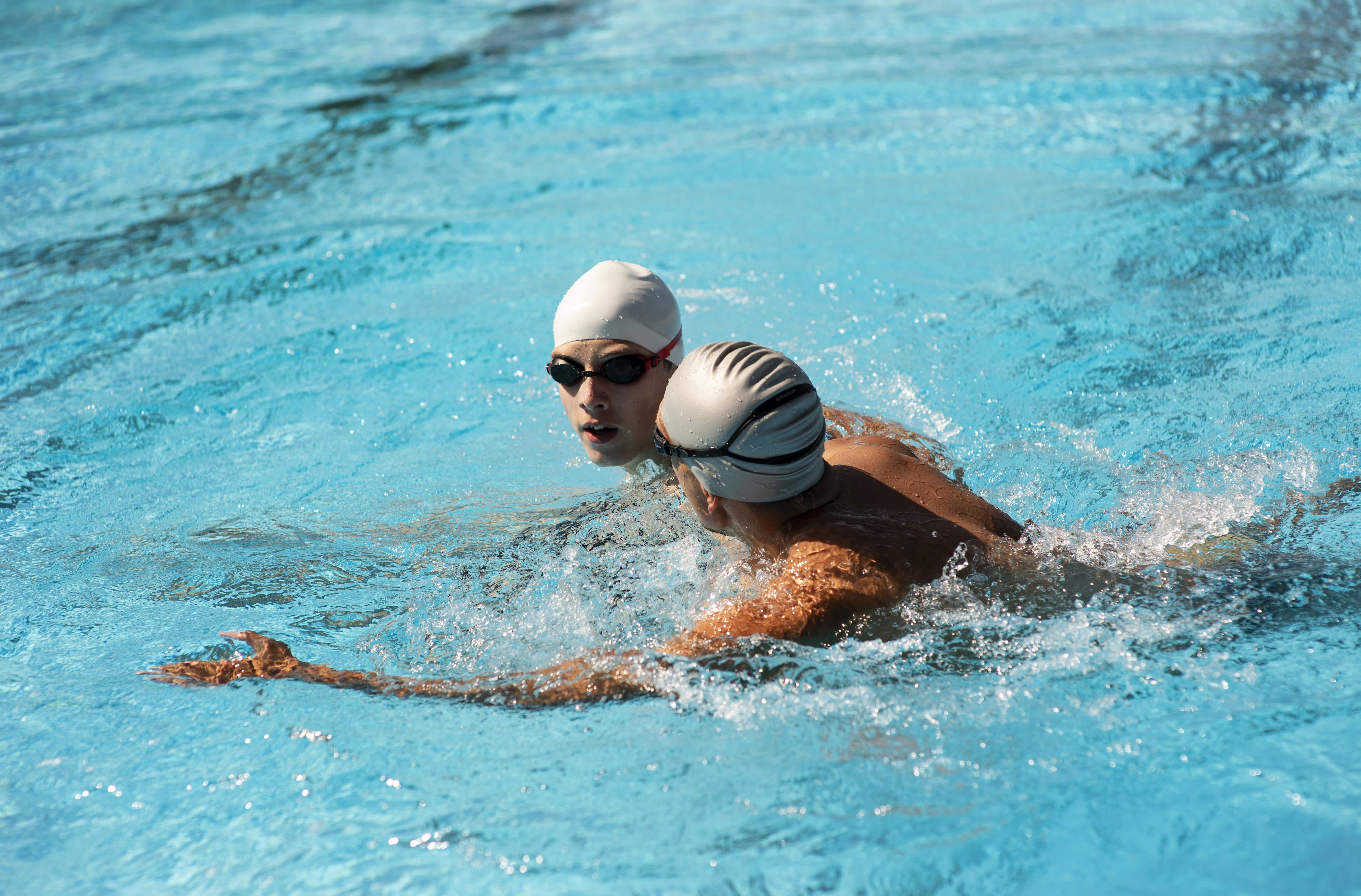 Homens nadando em piscina olímpica