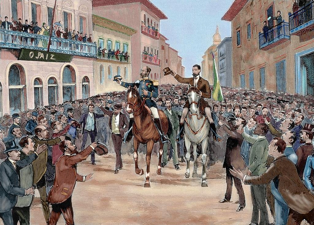 Gravura de Rico a qual retrata a saudação popular ao General Fonseca e ao ministro Bacayuva em 15 de novembro de 1889 em razão da Proclamação da República do Brasil.
