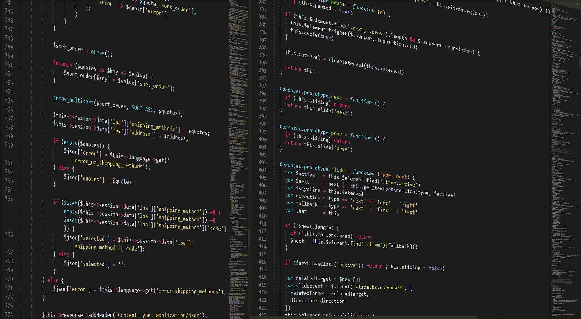 Tela com fundo preto e diversos códigos de programação em cores branco, amarelo, azul e rosa.