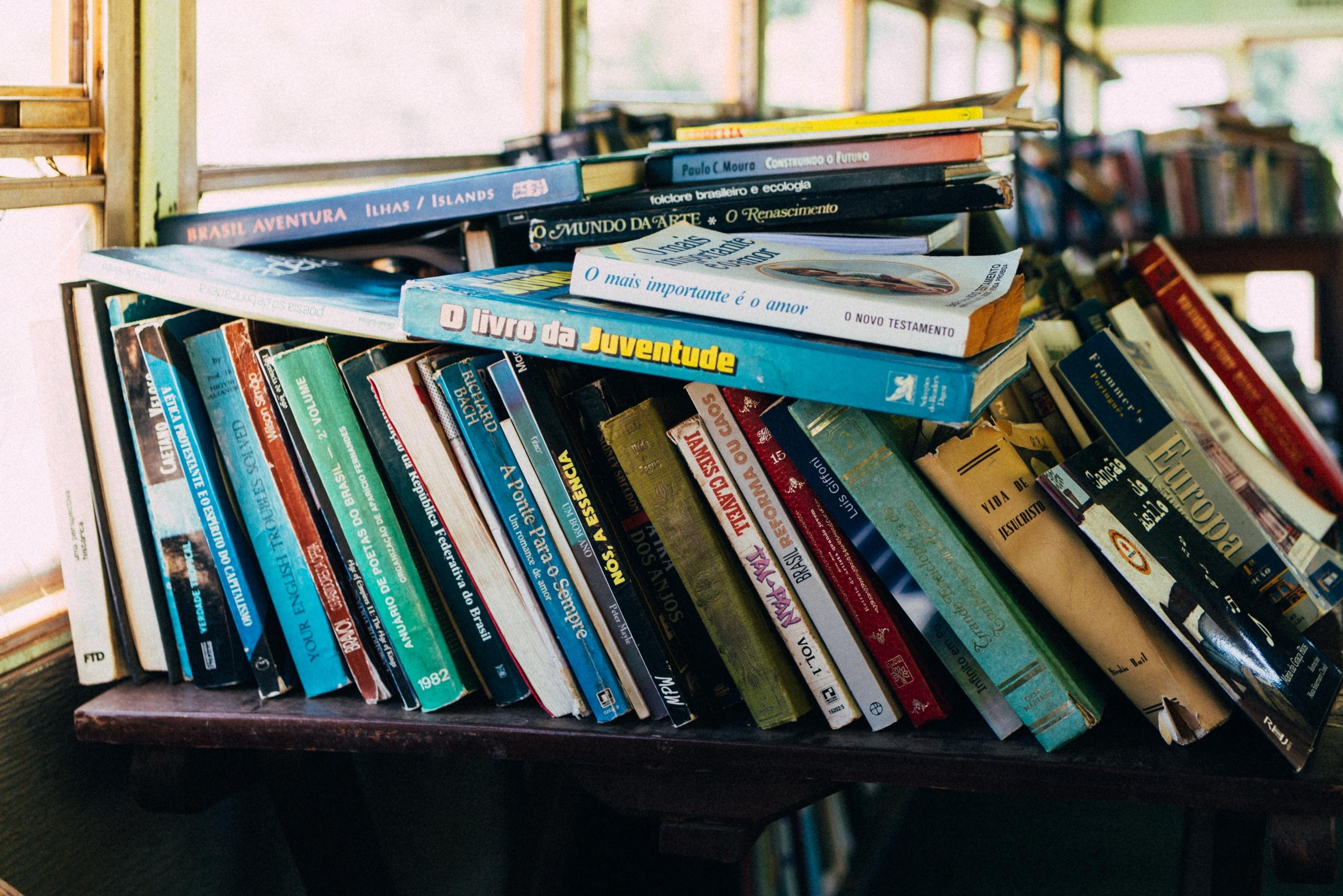 Estante com vários livros em idiomas diferentes
