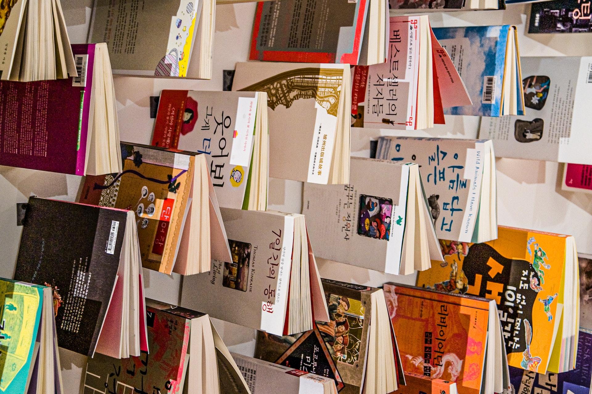 Livros com capa em coreano, dispostos em uma estante para escolha. As capas têm diferentes cores e temas.