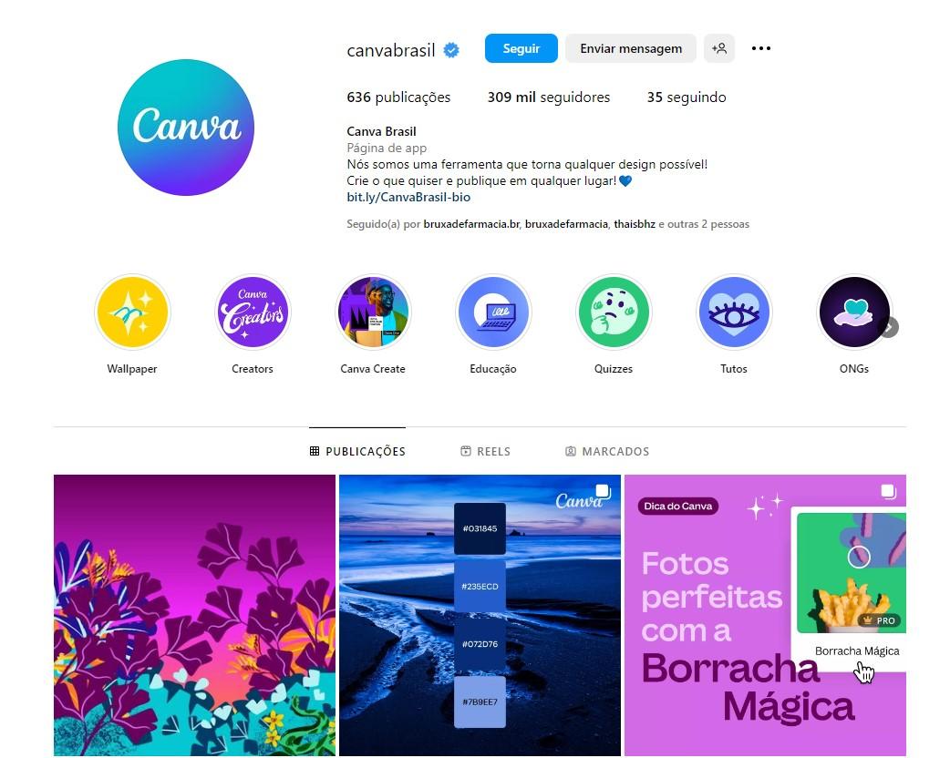 Página do Canva brasil no Instagram