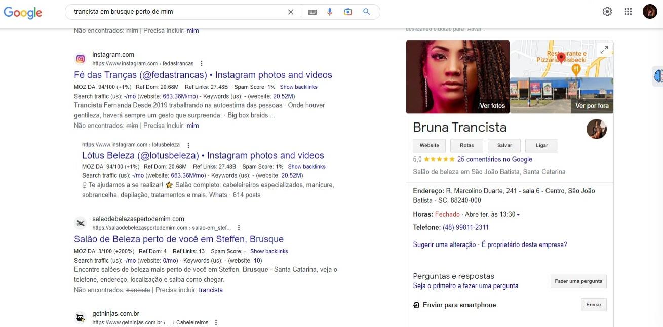 Print com pesquisa orgânica do Google Meu Negócio