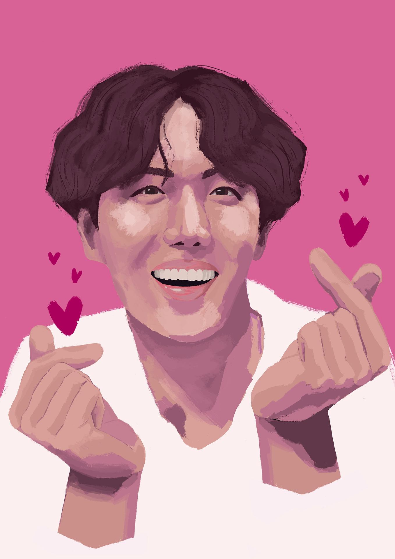 Figura de um membro do BTS fazendo corações com os dedos da mão.